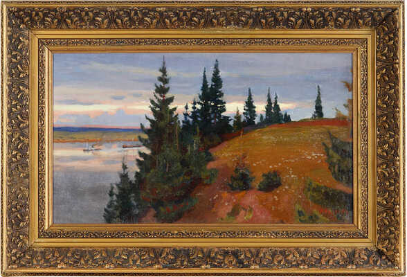 Рылов Аркадий Александрович. Вечерний пейзаж с рекой и елями